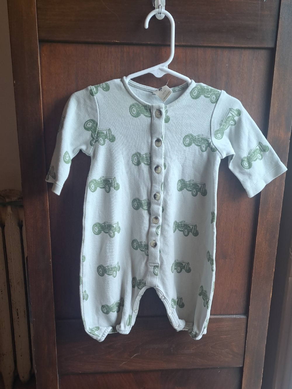 kate quinn Cream  3-6 Monrhs One-Piece with Green Tractor Print